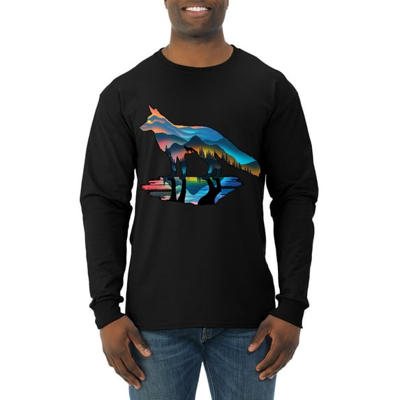 Trippy California Rainbow Neon Wolf Mountain Silhouette | Mens Animal Lover Long Sleeve T-Shirt, Black, Medium