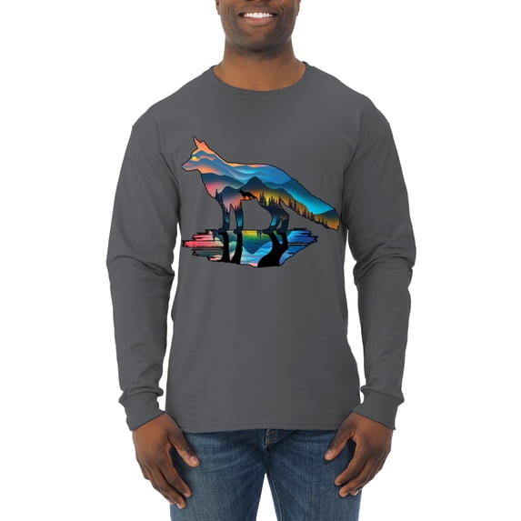Trippy California Rainbow Neon Wolf Mountain Silhouette | Mens Animal Lover Long Sleeve T-Shirt, Charcoal, Medium