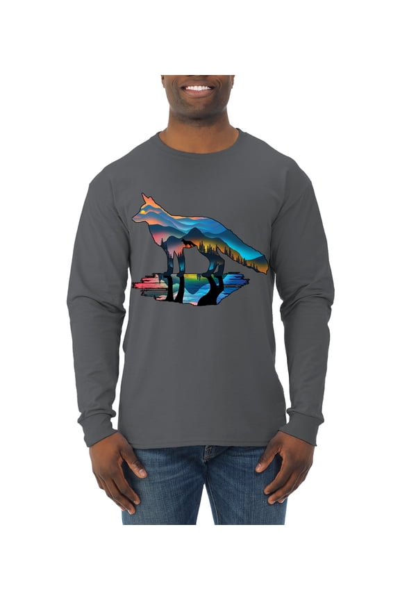 Trippy California Rainbow Neon Wolf Mountain Silhouette | Mens Animal Lover Long Sleeve T-Shirt, Charcoal, Small