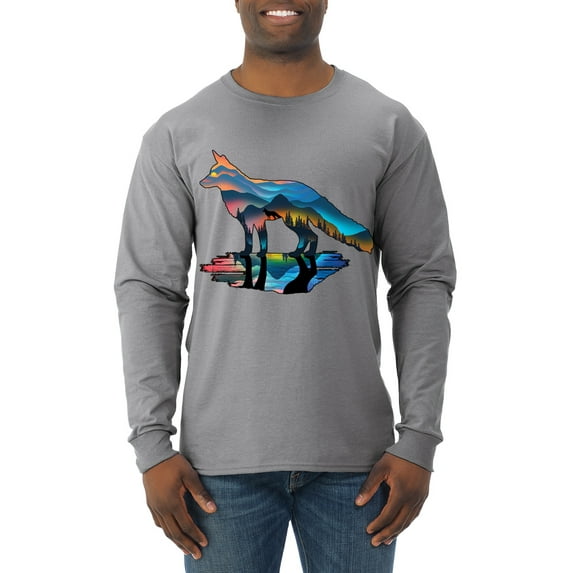 Trippy California Rainbow Neon Wolf Mountain Silhouette | Mens Animal Lover Long Sleeve T-Shirt, Heather Grey, Medium