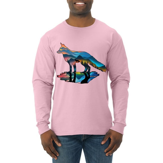 Trippy California Rainbow Neon Wolf Mountain Silhouette | Mens Animal Lover Long Sleeve T-Shirt, Light Pink, 3XL