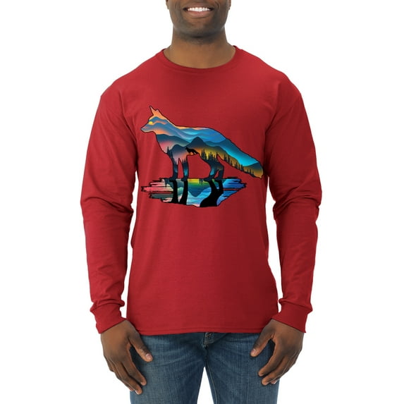 Trippy California Rainbow Neon Wolf Mountain Silhouette | Mens Animal Lover Long Sleeve T-Shirt, Red, 2XL