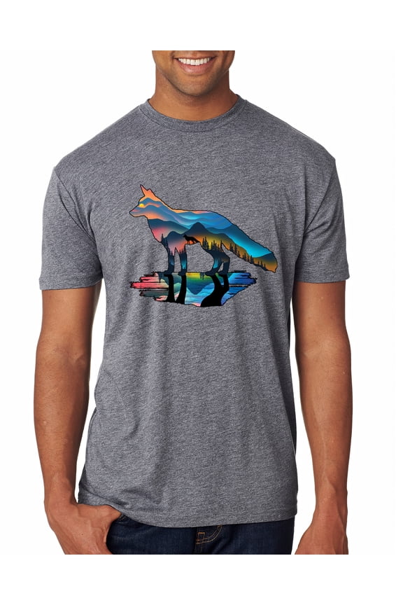 Trippy California Rainbow Neon Wolf Mountain Silhouette | Mens Animal Lover Premium Tri Blend T-Shirt, Premium Heather, Medium