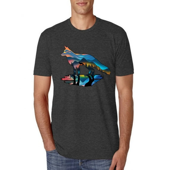 Trippy California Rainbow Neon Wolf Mountain Silhouette | Mens Animal Lover Premium Tri Blend T-Shirt, Vintage Black, Medium