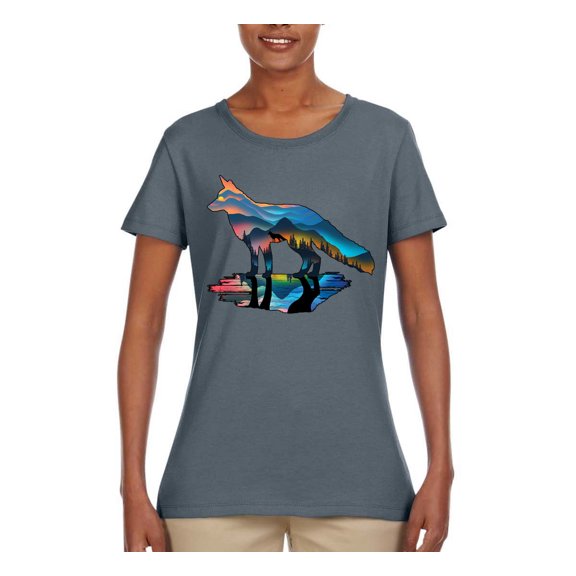 Trippy California Rainbow Neon Wolf Mountain Silhouette | Womens Animal Lover Graphic T-Shirt, Charcoal, Small