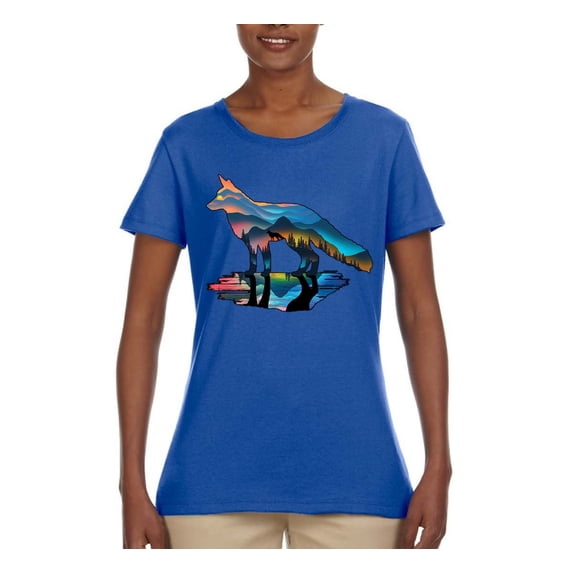 Trippy California Rainbow Neon Wolf Mountain Silhouette | Womens Animal Lover Graphic T-Shirt, Royal, 2XL