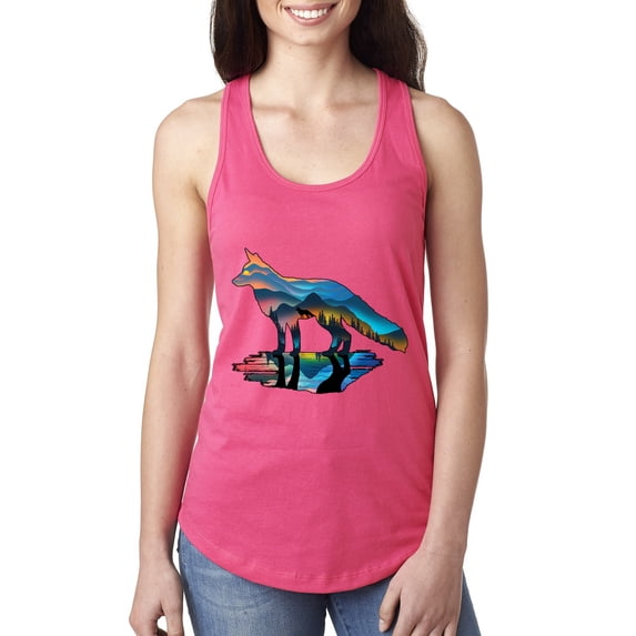 Trippy California Rainbow Neon Wolf Mountain Silhouette | Womens Animal Lover Jersey Racerback Tank Top, Hot Pink, Small