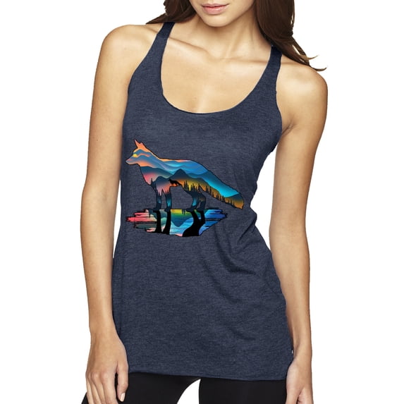 Trippy California Rainbow Neon Wolf Mountain Silhouette | Womens Animal Lover Premium Tri-Blend Racerback Tank Top, Vintage Navy, Medium