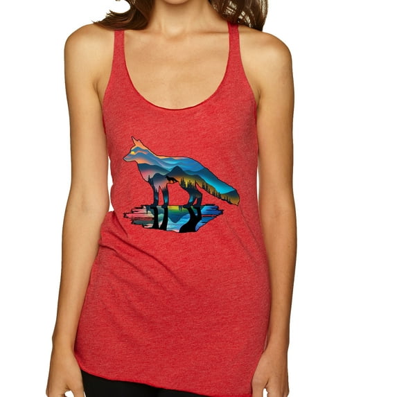 Trippy California Rainbow Neon Wolf Mountain Silhouette | Womens Animal Lover Premium Tri-Blend Racerback Tank Top, Vintage Red, Small