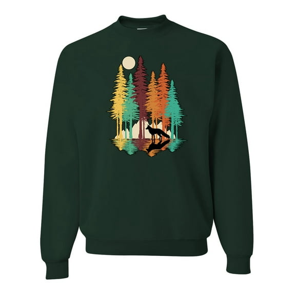 Trippy California Redwoods Forest Fox Silhouette | Mens Fashion Crewneck Graphic Sweatshirt, Forest Green, 2XL
