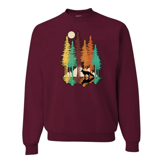 Trippy California Redwoods Forest Fox Silhouette | Mens Fashion Crewneck Graphic Sweatshirt, Maroon, Small