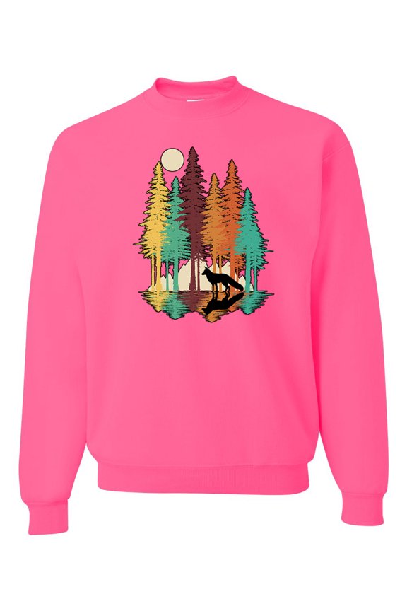 Trippy California Redwoods Forest Fox Silhouette | Mens Fashion Crewneck Graphic Sweatshirt, Neon Pink, 2XL