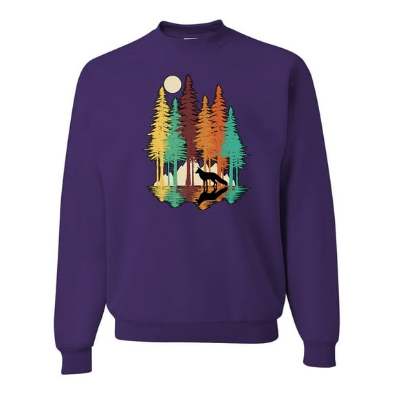 Trippy California Redwoods Forest Fox Silhouette | Mens Fashion Crewneck Graphic Sweatshirt, Purple, Small