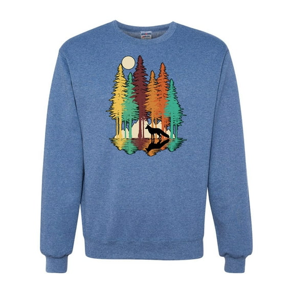 Trippy California Redwoods Forest Fox Silhouette | Mens Fashion Crewneck Graphic Sweatshirt, Vintage Heather Blue, Medium