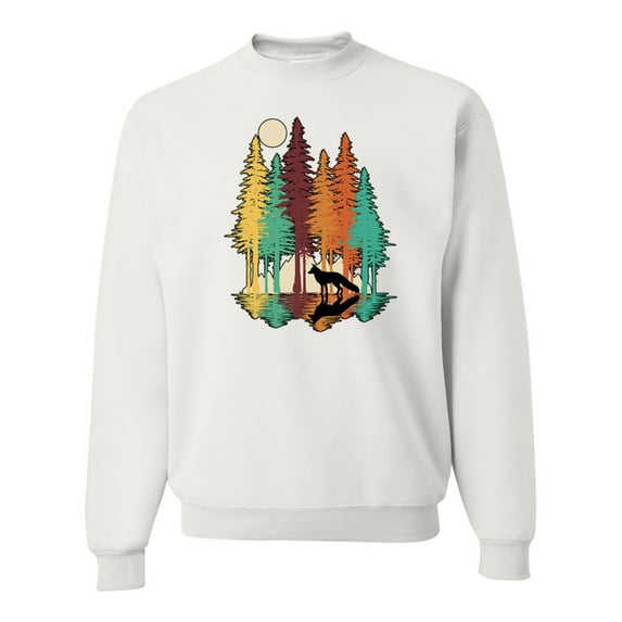 Trippy California Redwoods Forest Fox Silhouette | Mens Fashion Crewneck Graphic Sweatshirt, White, Medium