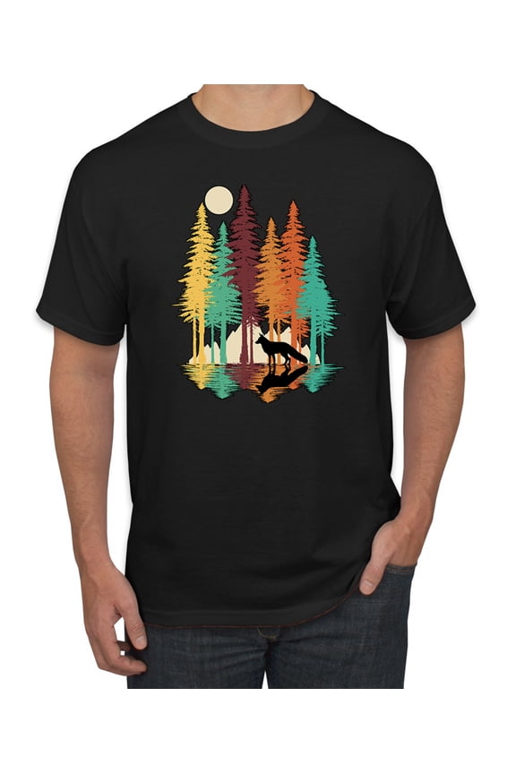 Trippy California Redwoods Forest Fox Silhouette | Mens Fashion Graphic T-Shirt, Black, 2XL