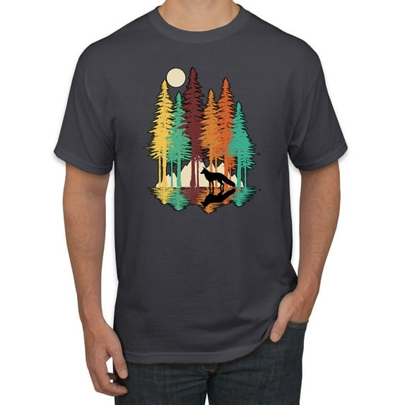 Trippy California Redwoods Forest Fox Silhouette | Mens Fashion Graphic T-Shirt, Charcoal, 2XL