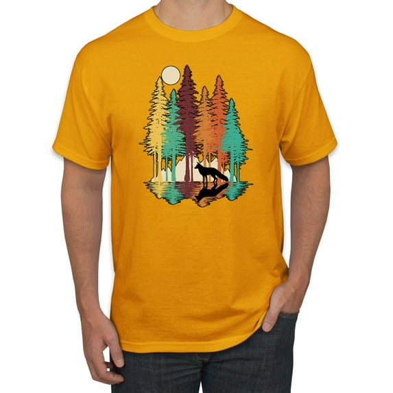 Trippy California Redwoods Forest Fox Silhouette | Mens Fashion Graphic T-Shirt, Gold, Medium