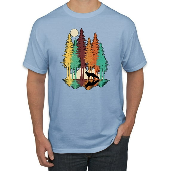 Trippy California Redwoods Forest Fox Silhouette | Mens Fashion Graphic T-Shirt, Light Blue, 2XL