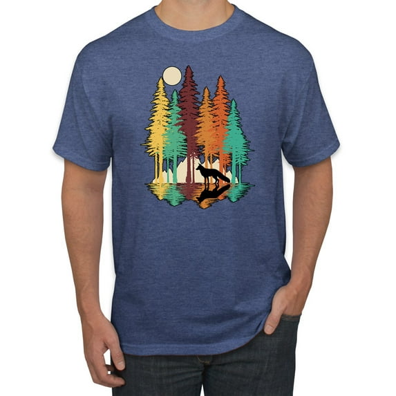 Trippy California Redwoods Forest Fox Silhouette | Mens Fashion Graphic T-Shirt, Vintage Heather Blue, Small