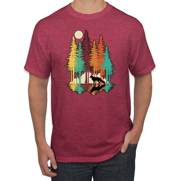 Trippy California Redwoods Forest Fox Silhouette | Mens Fashion Graphic T-Shirt, Vintage Heather Red, Medium