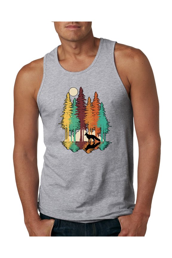 Trippy California Redwoods Forest Fox Silhouette | Mens Fashion Graphic Tank Top, Heather Grey, Small