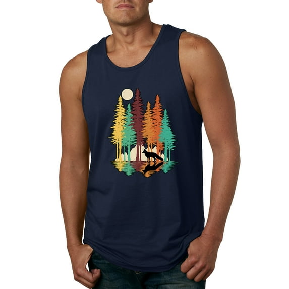 Trippy California Redwoods Forest Fox Silhouette | Mens Fashion Graphic Tank Top, Navy, Small