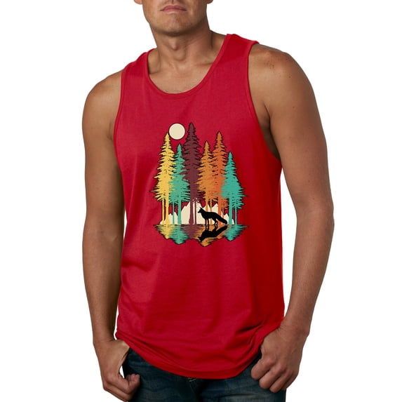 Trippy California Redwoods Forest Fox Silhouette | Mens Fashion Graphic Tank Top, Red, Small
