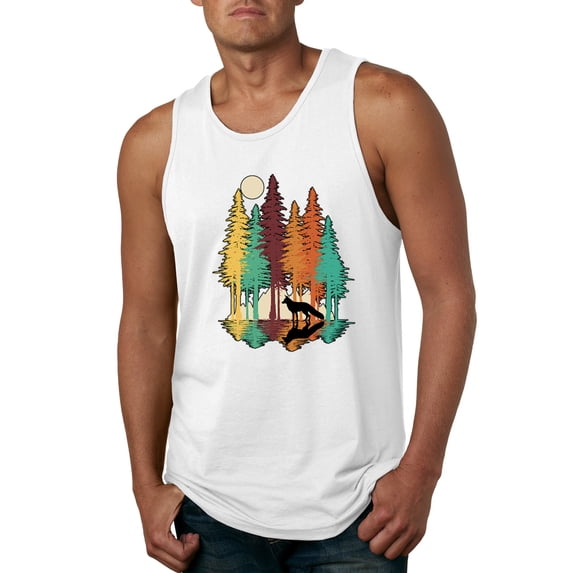 Trippy California Redwoods Forest Fox Silhouette | Mens Fashion Graphic Tank Top, White, Large