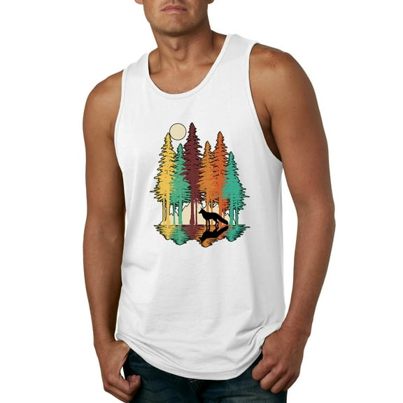 Trippy California Redwoods Forest Fox Silhouette | Mens Fashion Graphic Tank Top, White, Small
