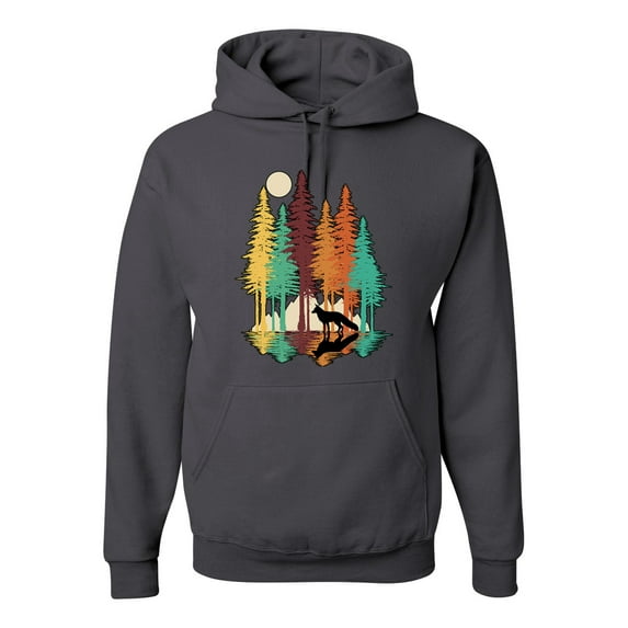 Trippy California Redwoods Forest Fox Silhouette | Mens Fashion Hooded Sweatshirt Graphic Hoodie, Charcoal, 3XL