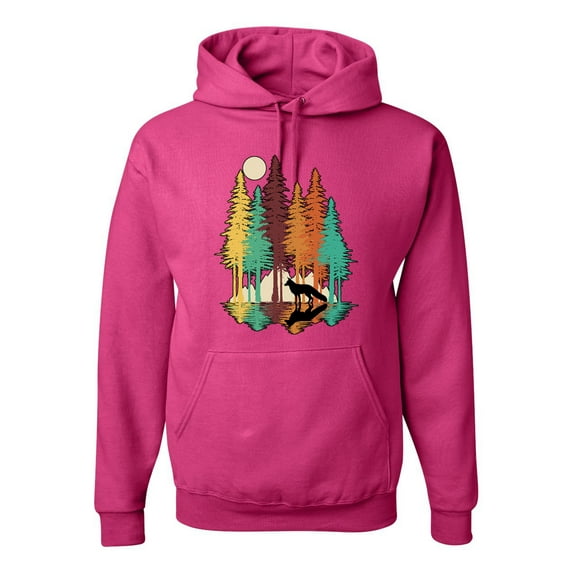 Trippy California Redwoods Forest Fox Silhouette | Mens Fashion Hooded Sweatshirt Graphic Hoodie, Fuschia, Small