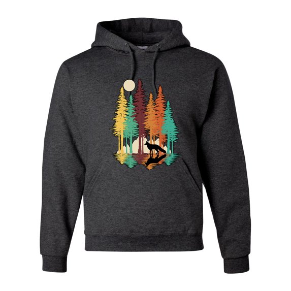 Trippy California Redwoods Forest Fox Silhouette | Mens Fashion Hooded Sweatshirt Graphic Hoodie, Heather Black, 3XL