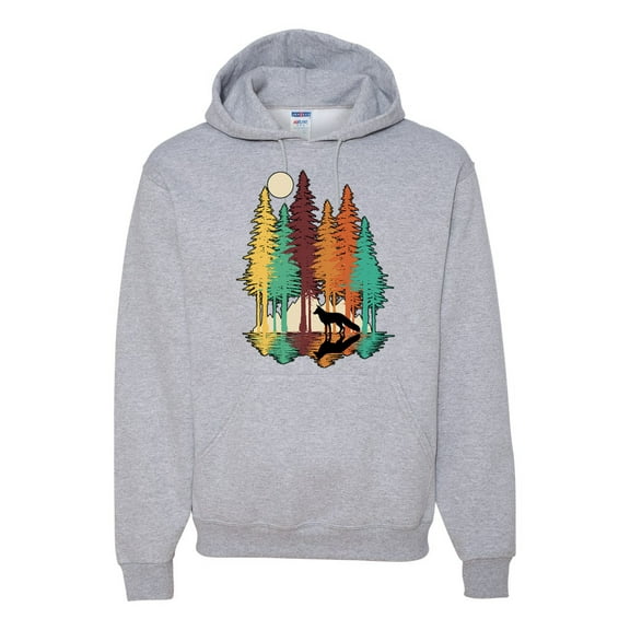 Trippy California Redwoods Forest Fox Silhouette | Mens Fashion Hooded Sweatshirt Graphic Hoodie, Heather Grey, 3XL