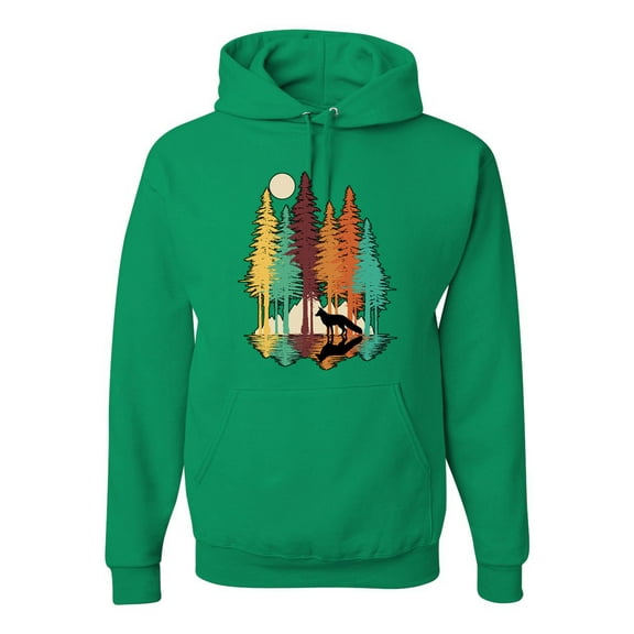 Trippy California Redwoods Forest Fox Silhouette | Mens Fashion Hooded Sweatshirt Graphic Hoodie, Kelly, Small