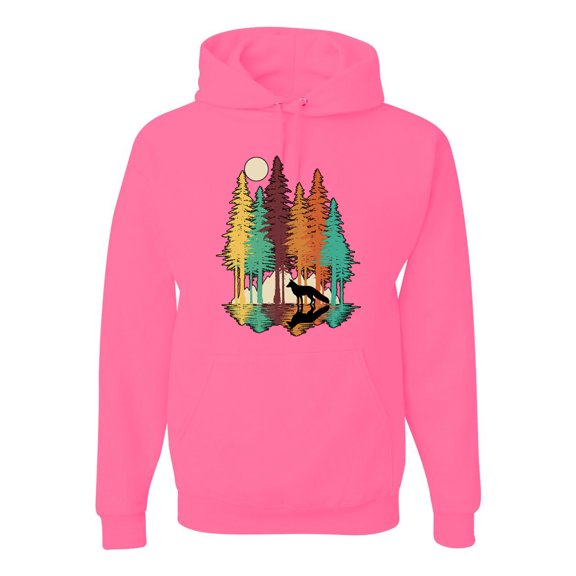 Trippy California Redwoods Forest Fox Silhouette | Mens Fashion Hooded Sweatshirt Graphic Hoodie, Neon Pink, 2XL