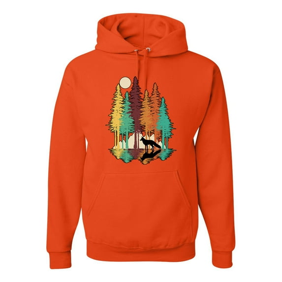 Trippy California Redwoods Forest Fox Silhouette | Mens Fashion Hooded Sweatshirt Graphic Hoodie, Orange, Medium