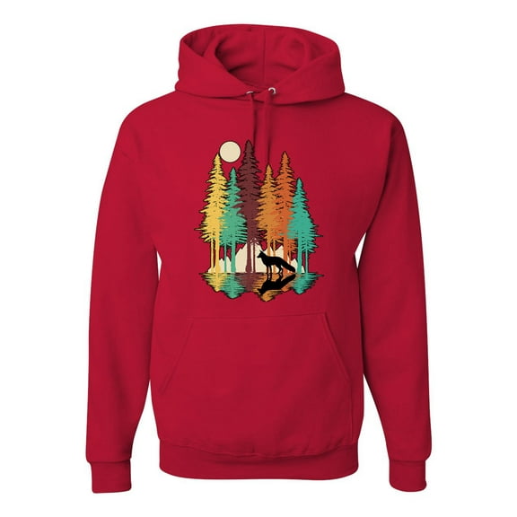 Trippy California Redwoods Forest Fox Silhouette | Mens Fashion Hooded Sweatshirt Graphic Hoodie, Red, Medium