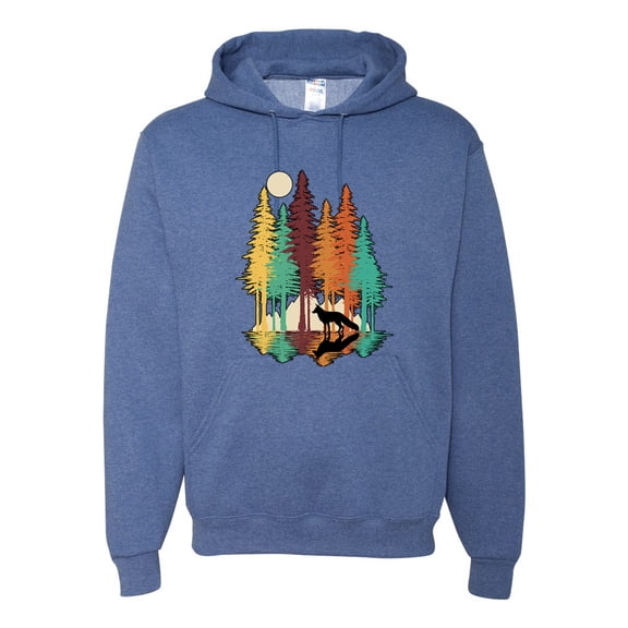 Trippy California Redwoods Forest Fox Silhouette | Mens Fashion Hooded Sweatshirt Graphic Hoodie, Vintage Heather Blue, 2XL