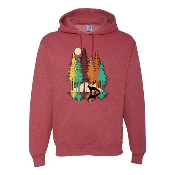 Trippy California Redwoods Forest Fox Silhouette | Mens Fashion Hooded Sweatshirt Graphic Hoodie, Vintage Heather Red, 2XL