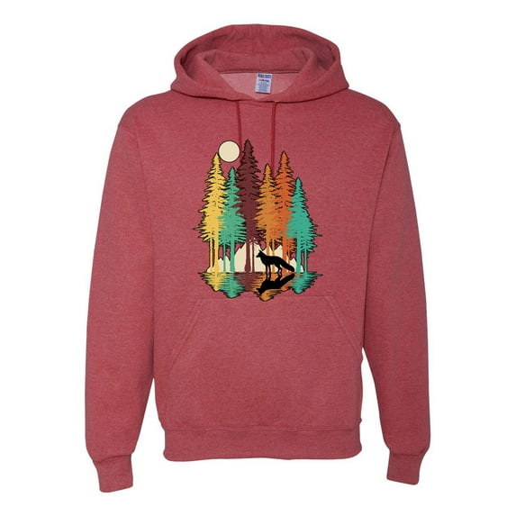 Trippy California Redwoods Forest Fox Silhouette | Mens Fashion Hooded Sweatshirt Graphic Hoodie, Vintage Heather Red, Small