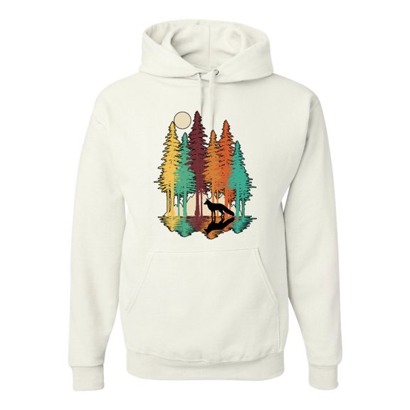 Trippy California Redwoods Forest Fox Silhouette | Mens Fashion Hooded Sweatshirt Graphic Hoodie, White, 2XL