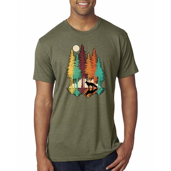 Trippy California Redwoods Forest Fox Silhouette | Mens Fashion Premium Tri Blend T-Shirt, Military Green, Large