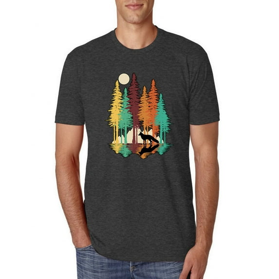 Trippy California Redwoods Forest Fox Silhouette | Mens Fashion Premium Tri Blend T-Shirt, Vintage Black, 2XL