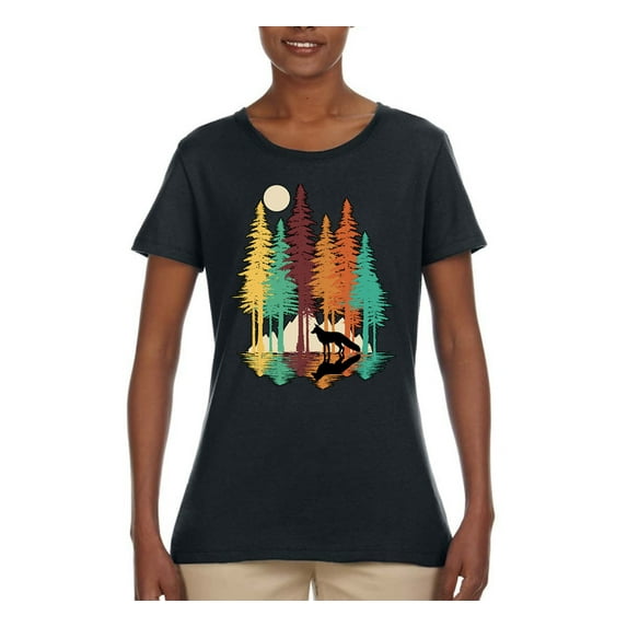 Trippy California Redwoods Forest Fox Silhouette | Womens Fashion Graphic T-Shirt, Black, Small