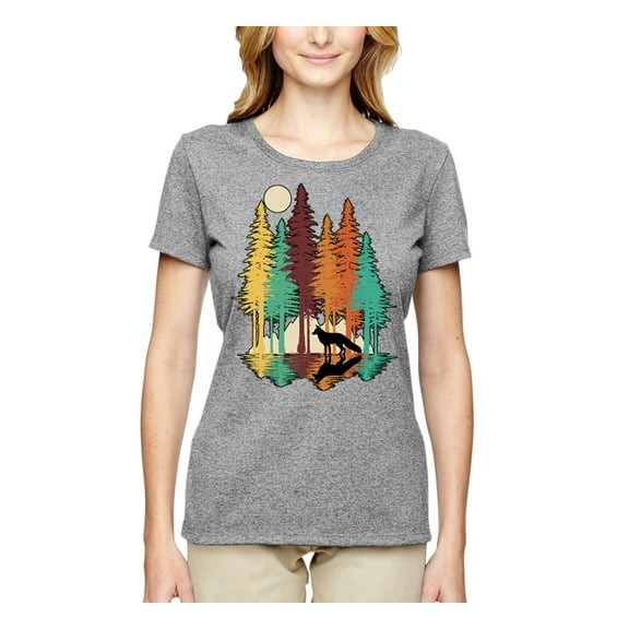 Trippy California Redwoods Forest Fox Silhouette | Womens Fashion Graphic T-Shirt, Heather Grey, 2XL