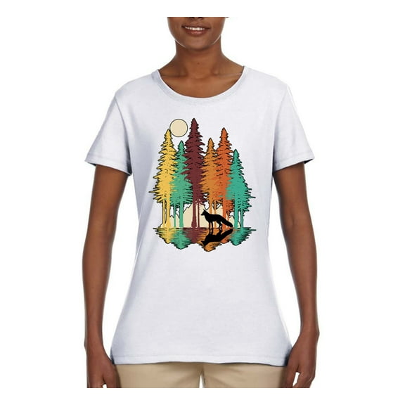 Trippy California Redwoods Forest Fox Silhouette | Womens Fashion Graphic T-Shirt, White, Small