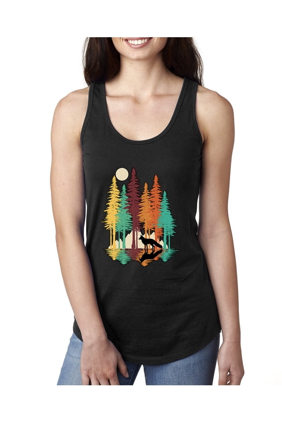 Trippy California Redwoods Forest Fox Silhouette | Womens Fashion Jersey Racerback Tank Top, Black, X-Large