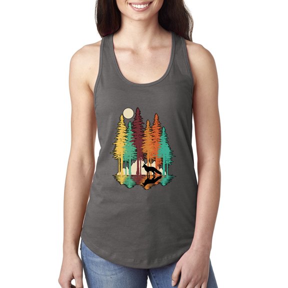 Trippy California Redwoods Forest Fox Silhouette | Womens Fashion Jersey Racerback Tank Top, Dark Grey, Small