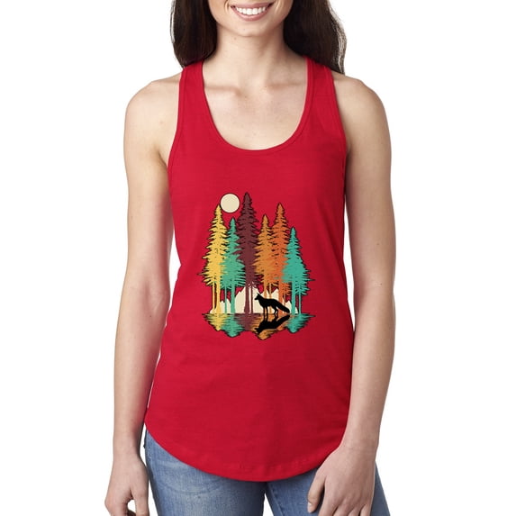 Trippy California Redwoods Forest Fox Silhouette | Womens Fashion Jersey Racerback Tank Top, Red, Large